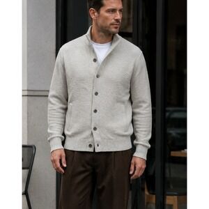 Banana Republic Cardigan Supima Cotton Button Mock Neck Stone Beige Large L Mens